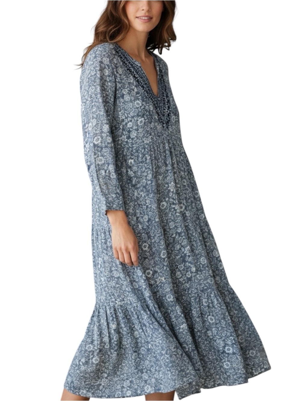 Wonderly Blue Floral Cotton Boho Tiered Dress, Embroidered V-Neck - Petite Small